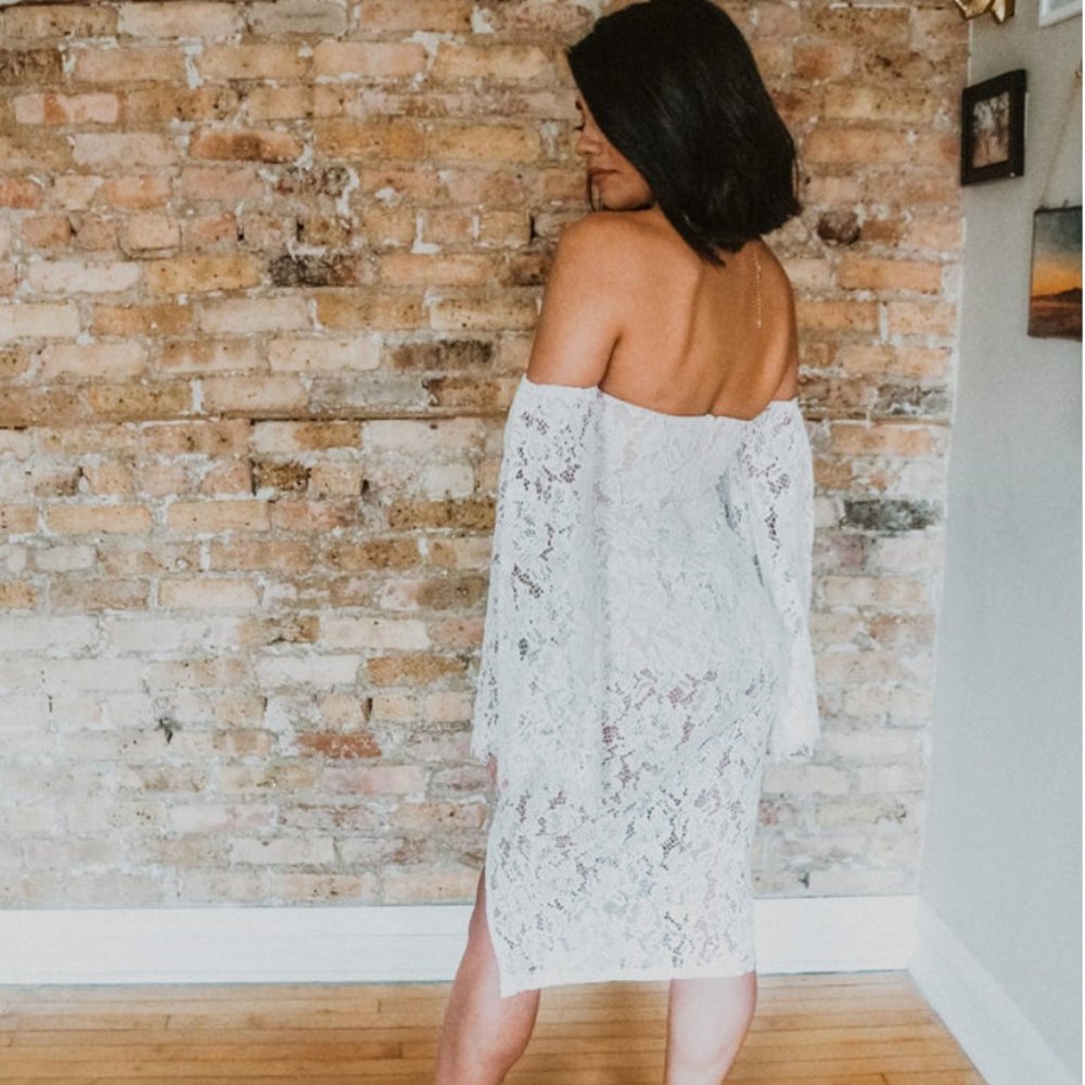 White midi off-the-shoulder lace dress - Picture 2 of 10